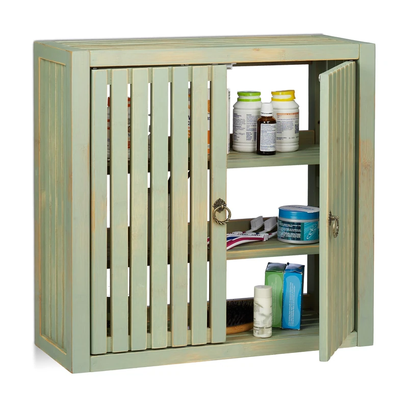 Relaxdays Wall Cabinet Vintage, Bamboo, 2 Doors, Magnet Latch, 2 Shelves, Bathroom & Kitchen, HWD 50 x 52 x 20 cm, Green