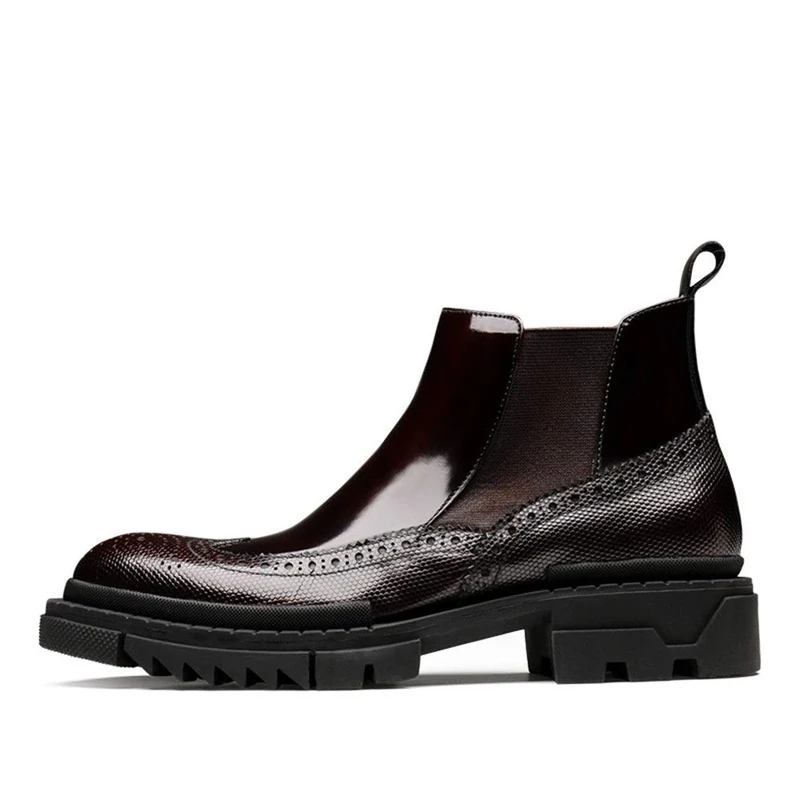 FIESSO High Heel Brogue Boot for Men Chelsea Boot Premium Genuine Leather Pull On Style Wingtip Carving Round Toe Patent Leather (Color : Wine red, Size : 8.5 UK)