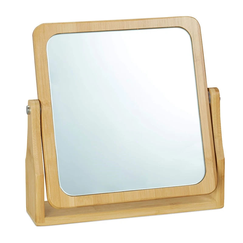 Relaxdays Cosmetic Mirror, Rotating at 360°, Angular, Freestanding, For Make-up, HWD 27x26.5x7cm, Tabletop Mirror, Bamb