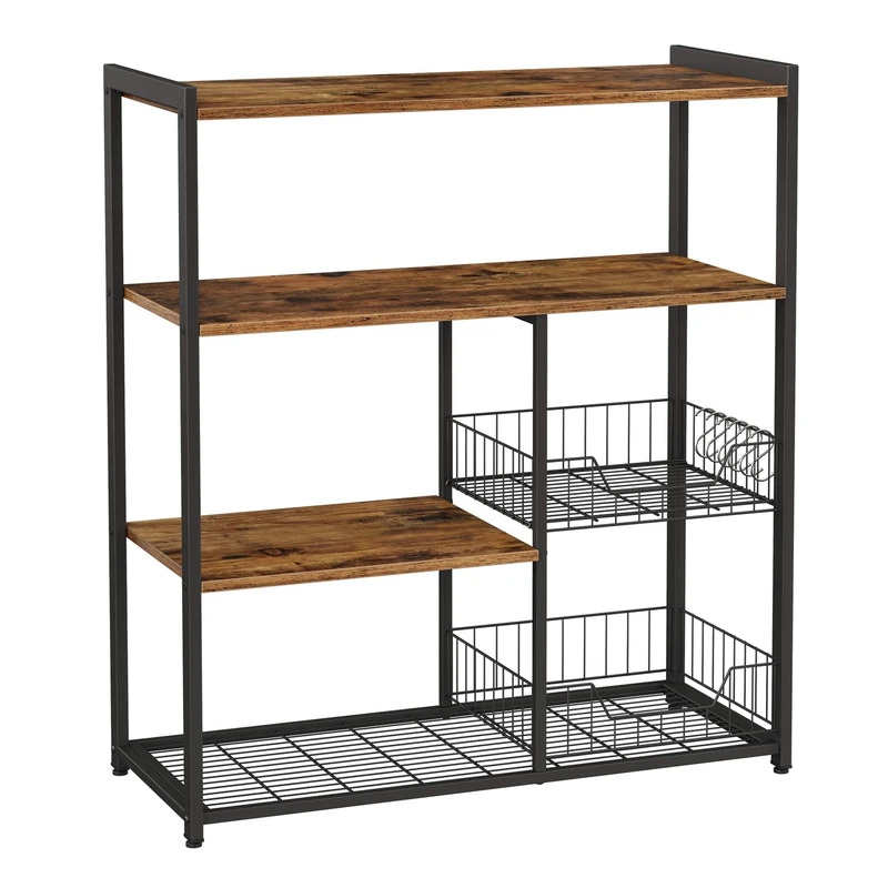 VASAGLE KKS96X Kitchen Shelf Microwave Oven Storage Unit with 2 Metal Mesh Baskets, 4 Tiers, Free Hooks, 80 x 35 x 95 cm, Rustic Brown KKS96X