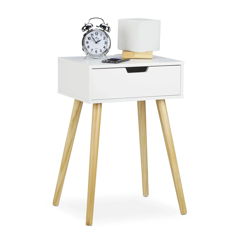 Relaxdays Nightstand White, Modern & Scandinavian Design, 1 Drawer, For Boxspring Bed, HWD 60x40x30 cm, White/Natural