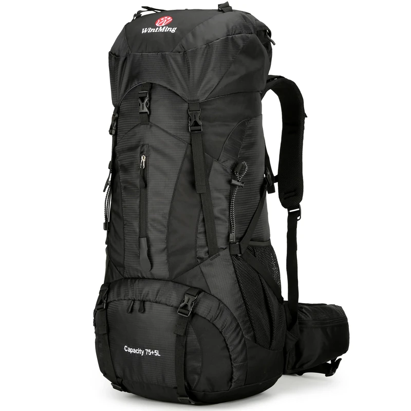 WintMing 75L Hiking Backpack with Rain Cover Waterproof Camping Backpack Shoes Warehouse for Men Women, No Internal Frame