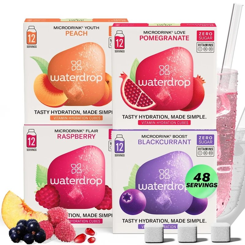 waterdrop® Microdrink Classic Fruit Mix Set - 48 Water Flavouring Hydration Tablets, Flavoured Water Cubes in Orange, Apple, Raspberry & Blackcurrant Flavours, Vitamin C & B, Vegan, Sugar Free