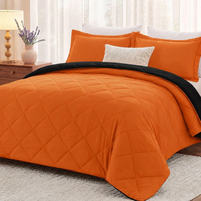 downluxe Queen Comforter Set - Orange and Black Queen Comforter, Soft Bedding Sets for All Seasons -3 Pieces - 1 Comforter (88"x92") and 2 Pillow Shams(20"x26")