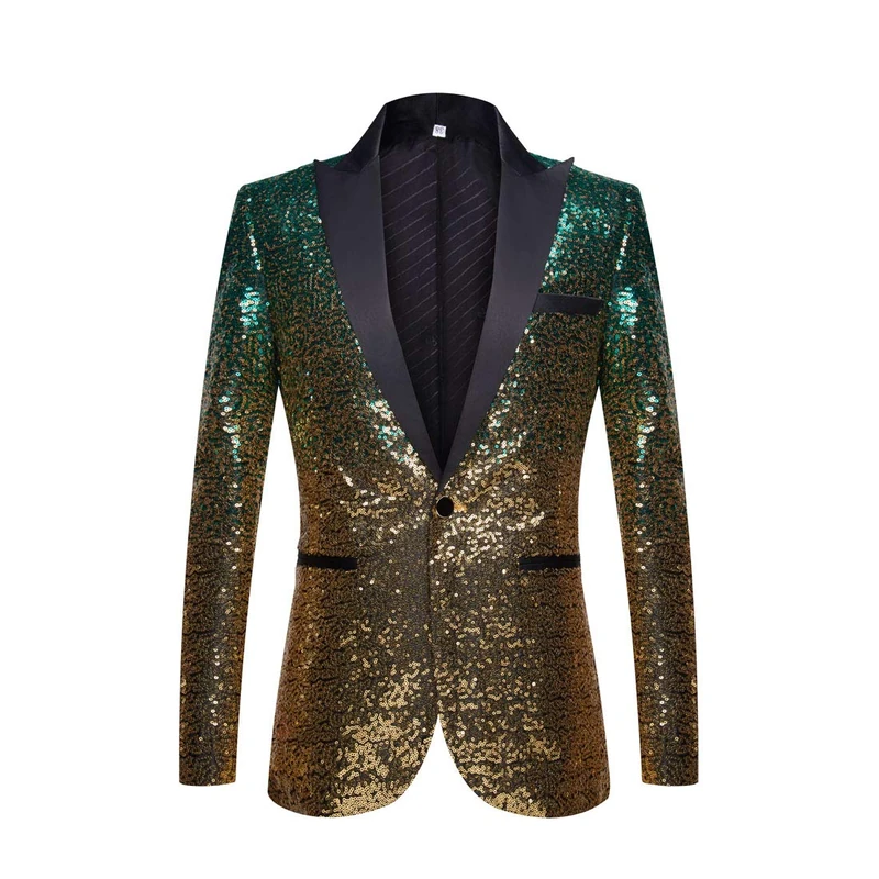 PYJTRL Men Fashion Gradual Change Color Sequins Suit Jacket (Green Gold, 3XL)