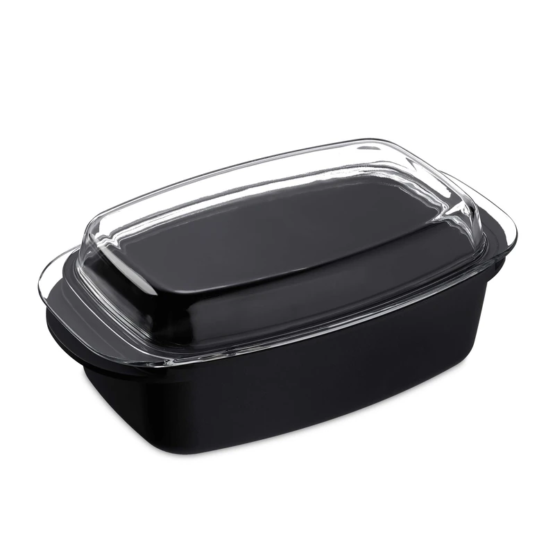 Relaxdays Roaster with Glass Lid, Non-Stick, Casserole Dish, Aluminium Broiler, Dishwasher-Safe, 39 cm, Black