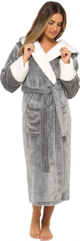 KATE MORGAN Ladies Soft & Cosy Hooded Dressing Gown (16-18, Dark Grey Shimmer)