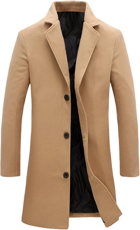 Springrain Men's Wool Blend Pea Coat Notched Collar Single Breasted Overcoat Warm Winter Trench Coat, Khaki, XXL - Image 1