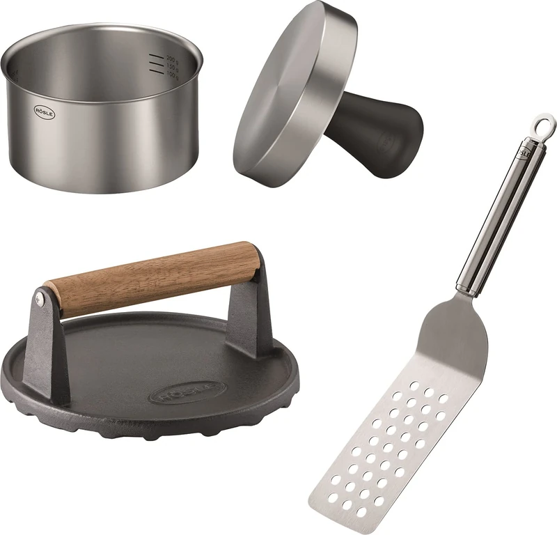 RÖSLE Barbecue burger set 3-piece, with burger press Pro, Barbecue weight and burger turner, 18/10 Stainless Steel, enamelled cast iron