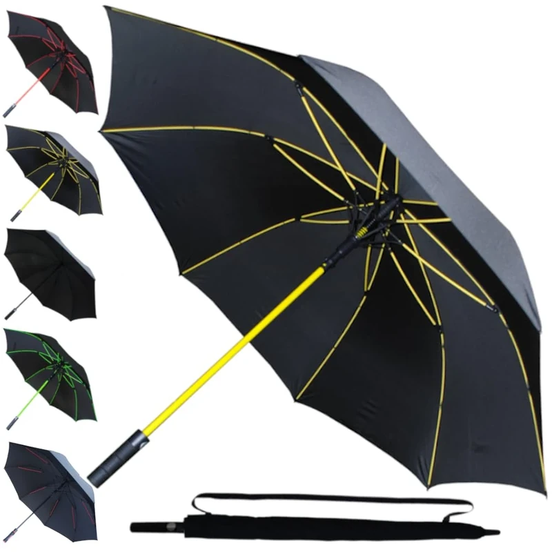 60MPH Golf Umbrella Windproof - Strong Umbrella Large and Rainproof Big - StormDefender Jumbo - Best for Size - Reinforced Frame - Non Slip Handle - Auto Open - Yellow Ribs