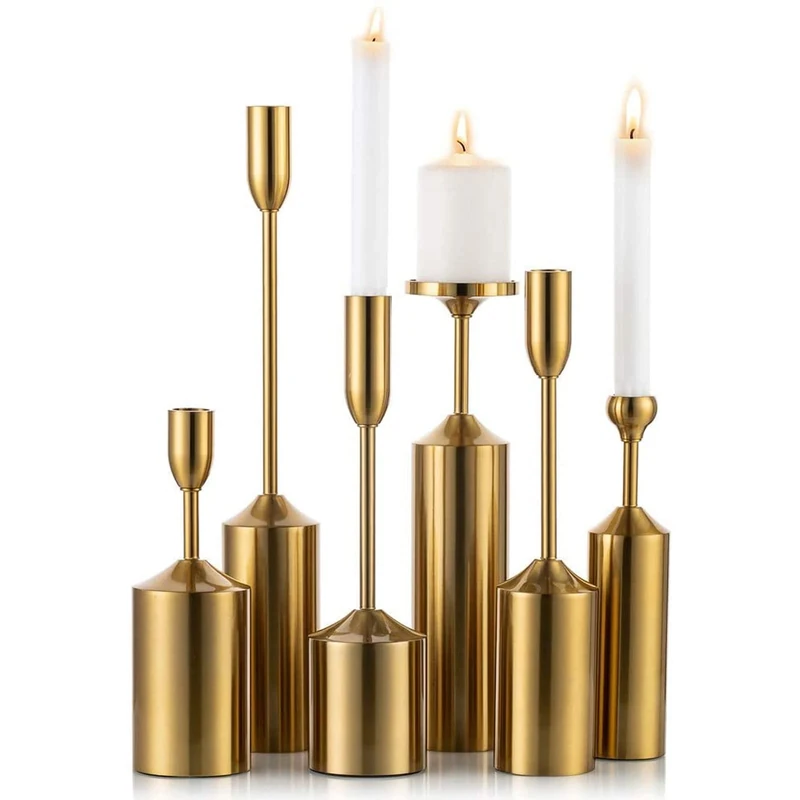 Sziqiqi Metal Taper Candle Holders Candlestick Holders Set of 6, Iron Brass Candlestick Holder Set for Taper Pillar Candles, Vintage Decor Centerpiece Candle Candlestick Holders for Table, Style 4