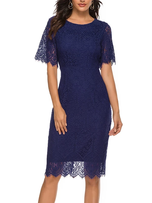 MEROKEETY Women's Sleeveless Lace Floral Elegant Cocktail Dress Crew Neck Knee Length for Party - Navy - Small