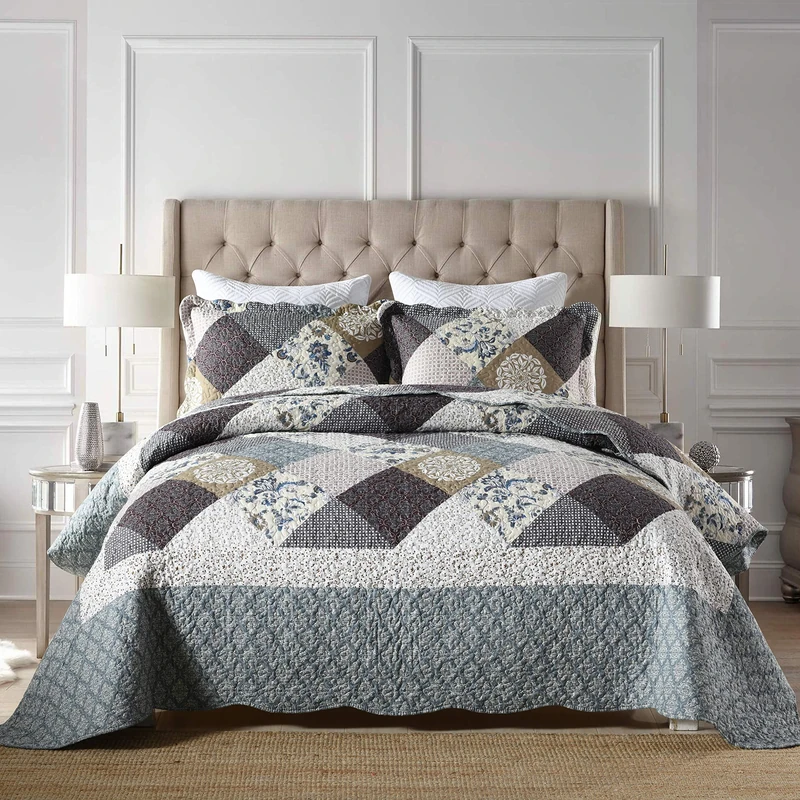 Travan 3-Piece Queen Quilt Set Quilted Bedspread Oversized Microfiber Lightweight Coverlet Set with Shams Reversible Printed Coverlet Bedding Set for All Season, Slate Blue, Queen Size