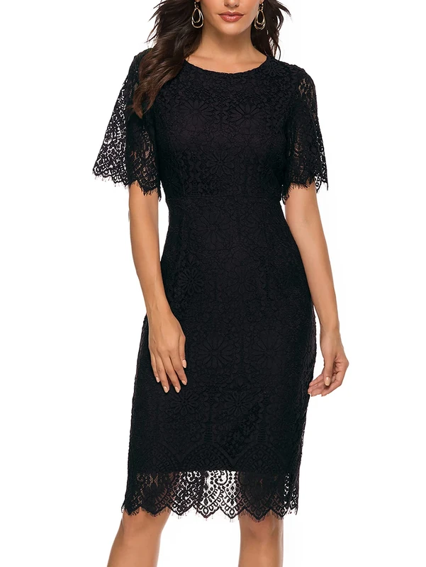 MEROKEETY Women's Sleeveless Lace Floral Elegant Cocktail Dress Crew Neck Knee Length for Party - Black - Large