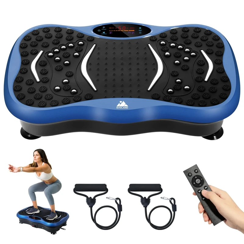 EVOLAND Vibration Plate Exercise Machine, Vibration Fitness Trainer with Bluetooth Speaker 5 Program Modes 2 Resistance Bands, Home Exercise Equipment for Fitness Body Toning-Blue
