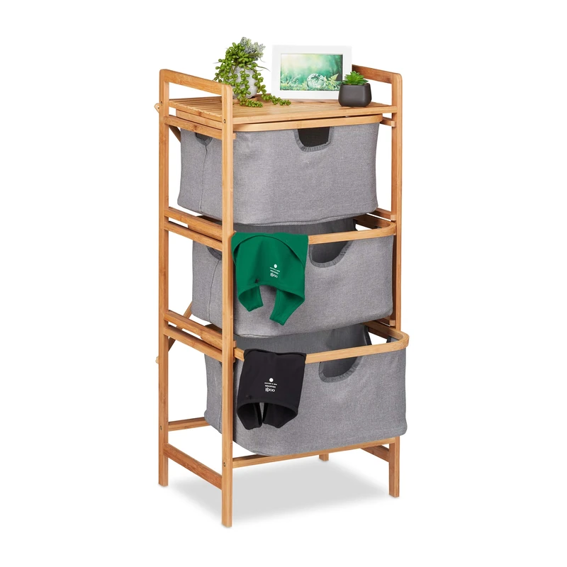 Relaxdays Bathroom Storage Unit Bamboo, 3 Removable Drawers, Laundry Sorter, HWD: 96x44x34.5 cm, Natural/Grey