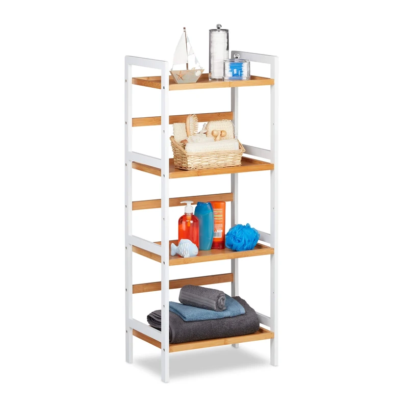Relaxdays Bathroom Shelving Unit, Shelves For Towels, etc, Bamboo Shelf Unit, HWD 110x45x31.5 cm, White/Natural