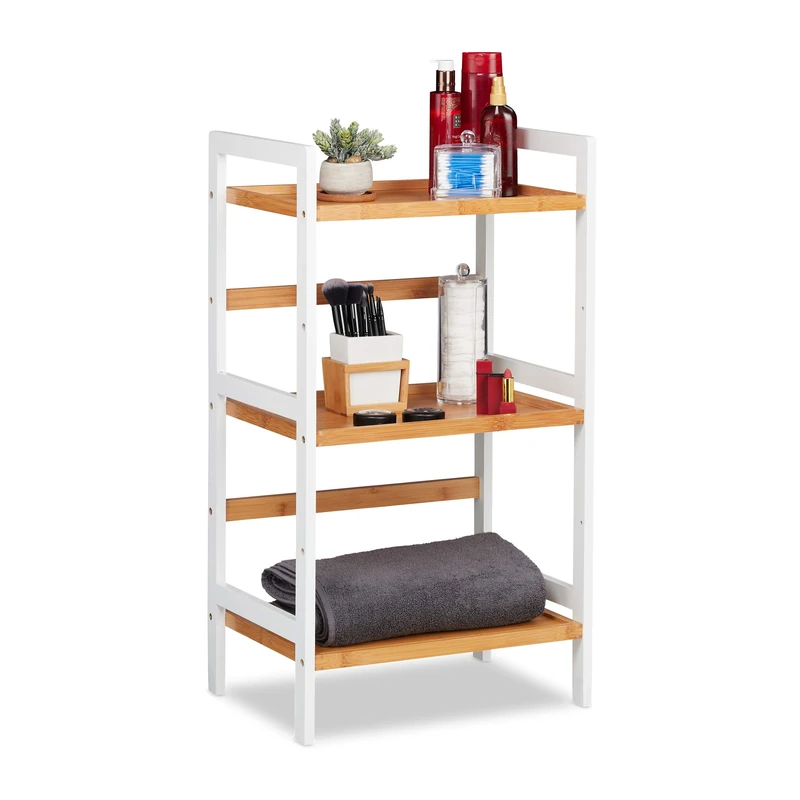 Relaxdays Bathroom Shelving Unit, Shelves For Towels, etc, Bamboo Shelf Unit, HWD 80x45x31.5 cm, White/Natural