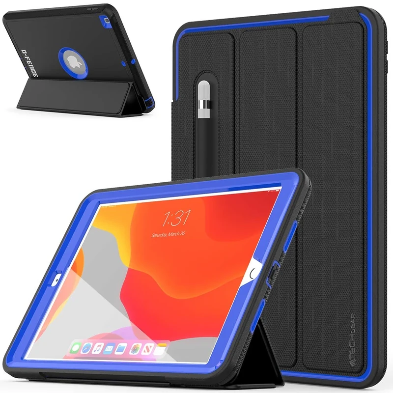 TECHGEAR D-FENCE Design For Apple iPad 10.2" 2021/2020 / 2019 9th, 8th, 7th Generation, Slim Shockproof Tough Rugged Protective Armour Smart Case + Stand, Schools Builders Workman Kids Case [Blue]