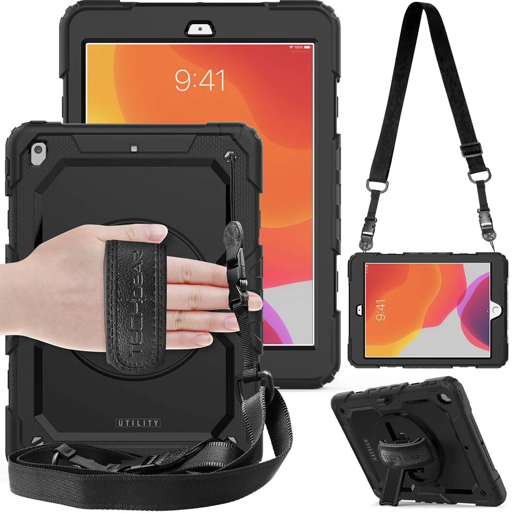 TECHGEAR Utility Case for iPad 10.2 2021/2020/2019 [9th, 8th and 7th Generation] Hard Shockproof Protective Cover with 360 Degree Swivel Stand, Shoulder Strap and Hand Grip [Black]