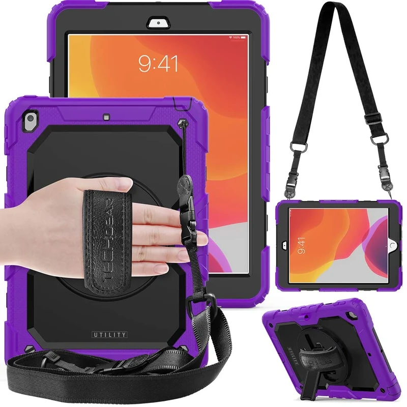 TECHGEAR Utility Case for iPad 10.2 2021/2020/2019 [9th, 8th and 7th Generation] Hard Shockproof Protection with 360 Degree Swivel Stand, Shoulder Strap and Hand Grip [Purple]