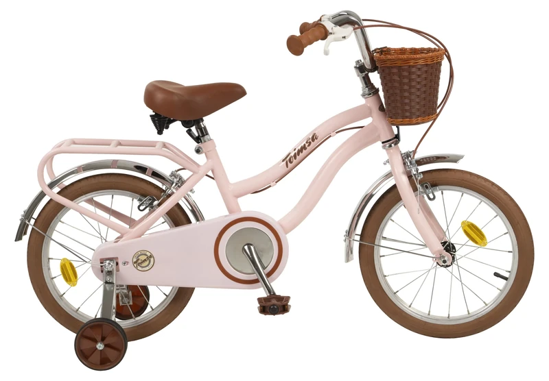 Toimsa Vintage 16 inch Kids Bike, Bicycle with a retro look rear carrier rack and front wicker style basket and training wheel stabilisers, 5-7 Years, Pink and Brown