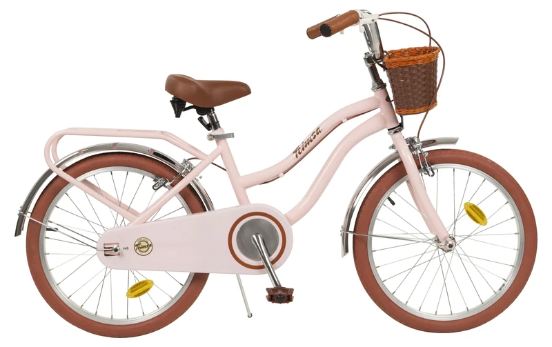 Toimsa Vintage, 20 inch Kids Bike, Bicycle with a retro look rear carrier rack and front wicker style basket and training wheel stabilisers, 7-9 Years, Pink and Brown