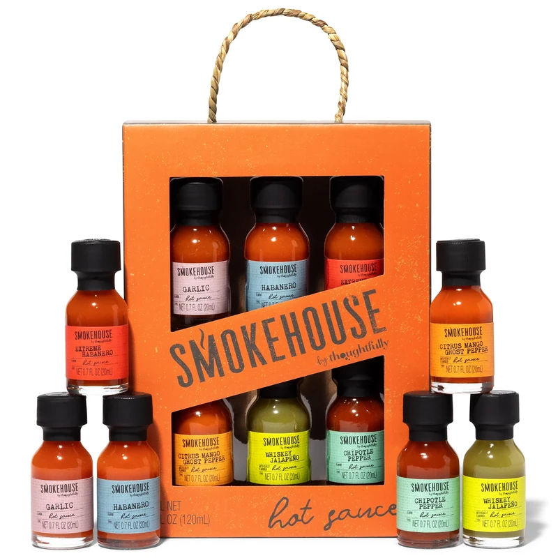 Smokehouse by Thoughtfully, Global Traveler Hot Sauce Collection, Flavours Include Habanero, Chipotle, Pepper, Tigerblood, Lava and Extreme, Set of 6