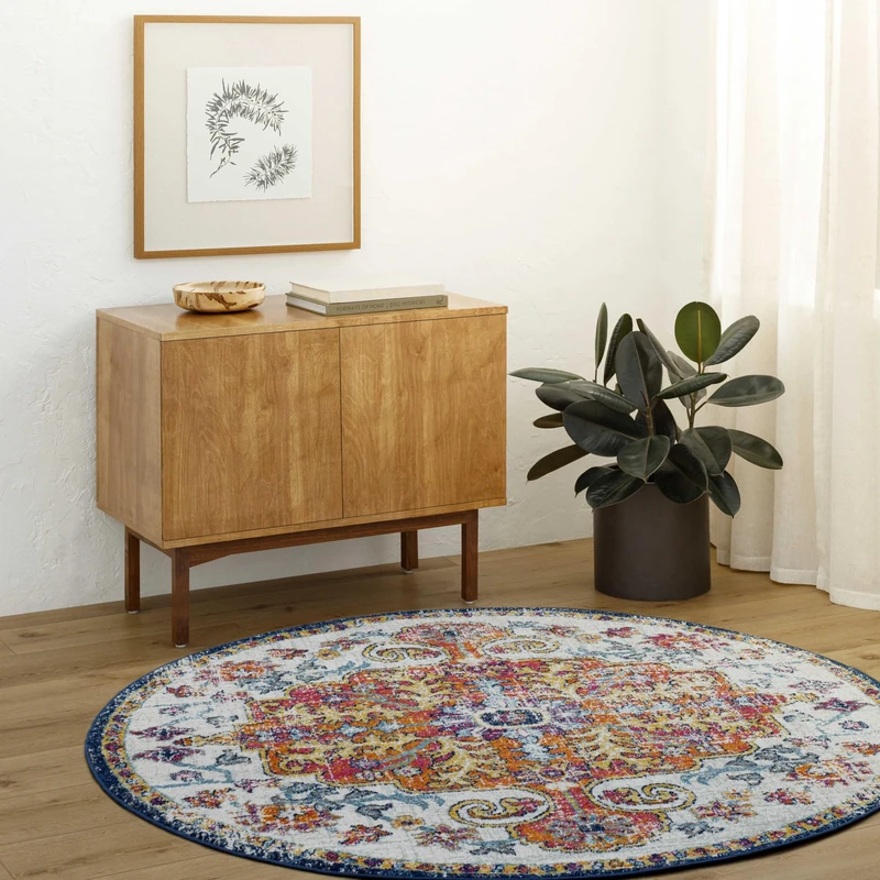 Livabliss Asmara Vintage - Area s Living Room 160 cm, Dining Floor, Kitchen, Traditional Multicoloured Boho, Easy Care Pile, Bohemian Round, Blue and Orange