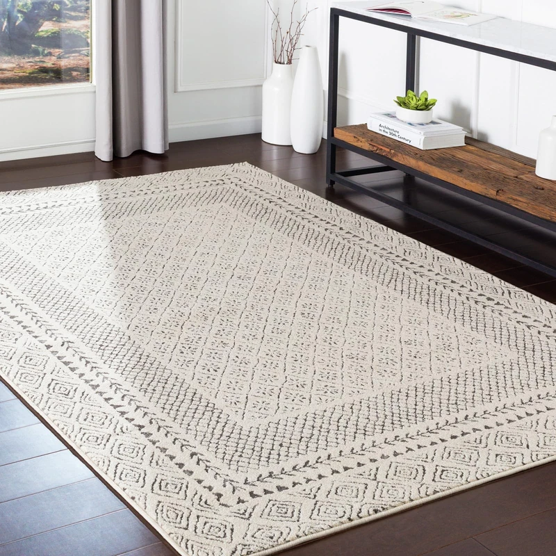Livabliss Monaco Geometric Rug for Living Room, Dining & Kitchen 120x170 cm, Scandi Abstract Pattern, Neutral Boho Style, Easy Care Pile, Large Floor Covering, Beige Charcoal Grey