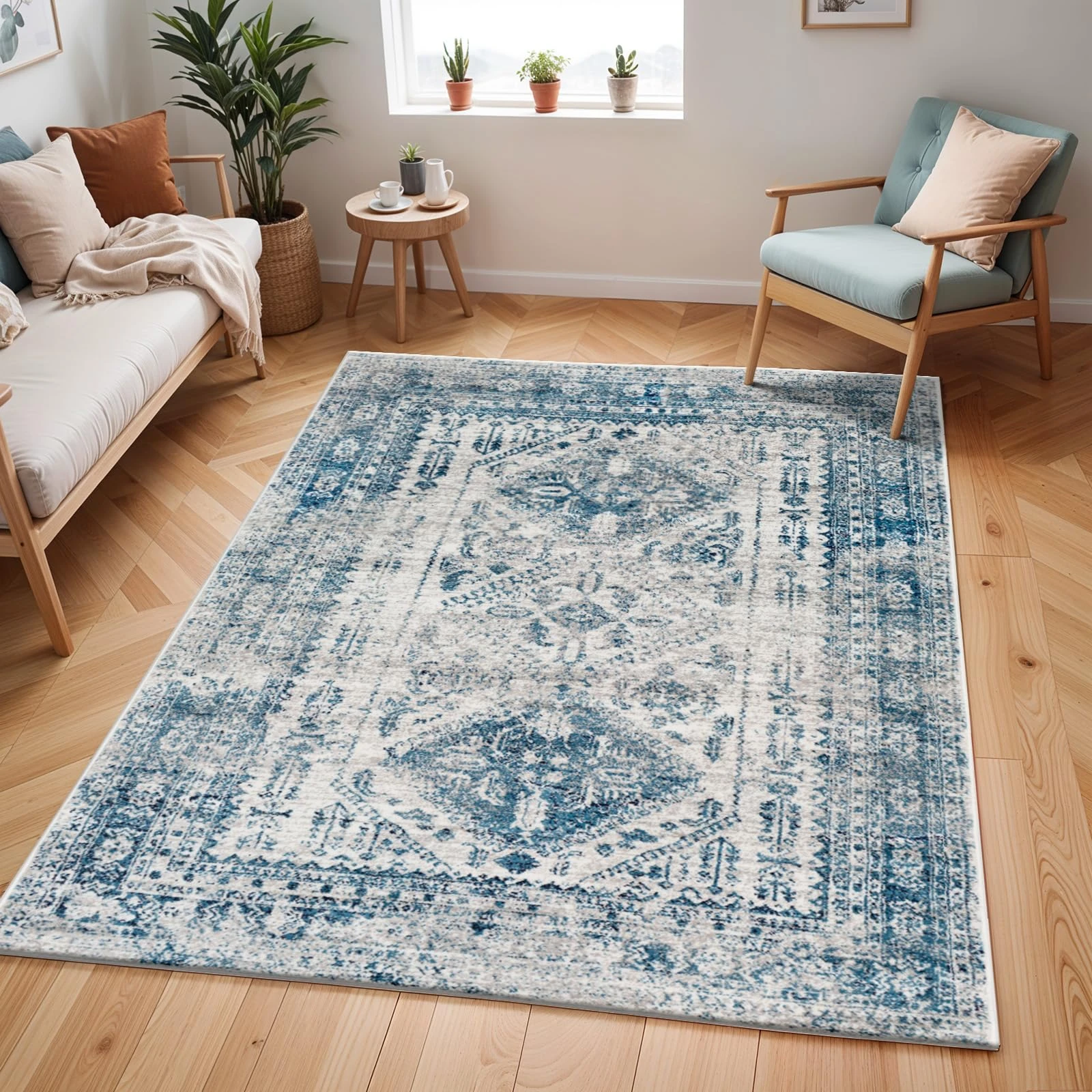 Livabliss Habana Vintage Rug - Area Rugs for Living Room 120x170 cm, Bedroom - Scandi Neutral Rugs, Traditional Patterned Boho Style, Natural Easy Care Pile - Large Rug, Blue and Grey