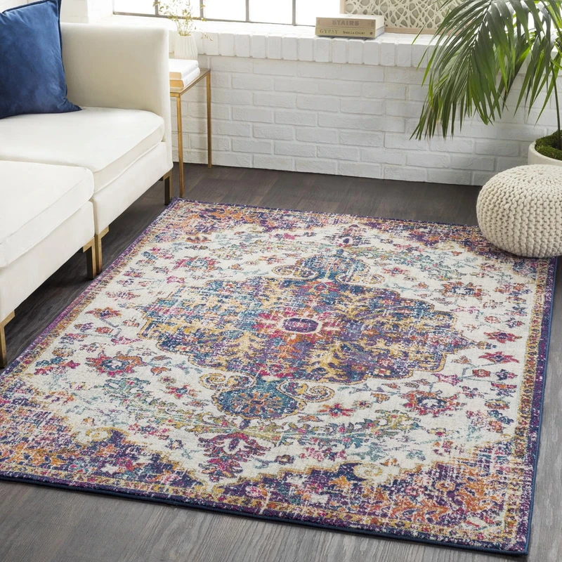 Livabliss Asmara Vintage Rug - Area Rugs Living Room 160x220 cm, Dining Floor, Kitchen, Traditional Multicoloured Boho Style, Easy Care Pile, Bohemian Large Rug, Burgundy and Blue