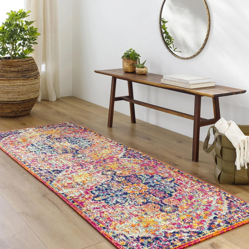 Livabliss Lou Asmara Vintage Runner 80x220 cm – Multicolour Boho Style for Hallway, Kitchen & Living Room, Easy Care Floor Covering, Orange Navy Teal Burgundy
