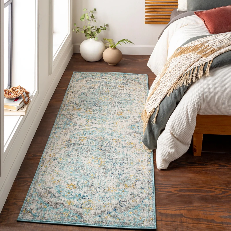 Livabliss Asmara Vintage - Hallway Runner s Living Room 80x220 cm - Scandi Neutral, Traditional Patterned Boho Style, Natural Easy Care Pile - Hallway Runners, Blue and Mustard