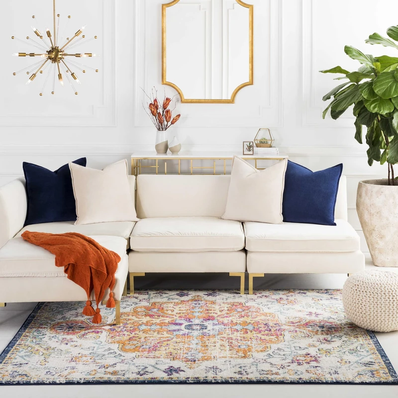 Livabliss Lou Asmara Vintage Design – Living Room 200x200 cm, Dining Kitchen Use, Traditional Multicolour Boho Style, Easy Care Pile, Blue Orange
