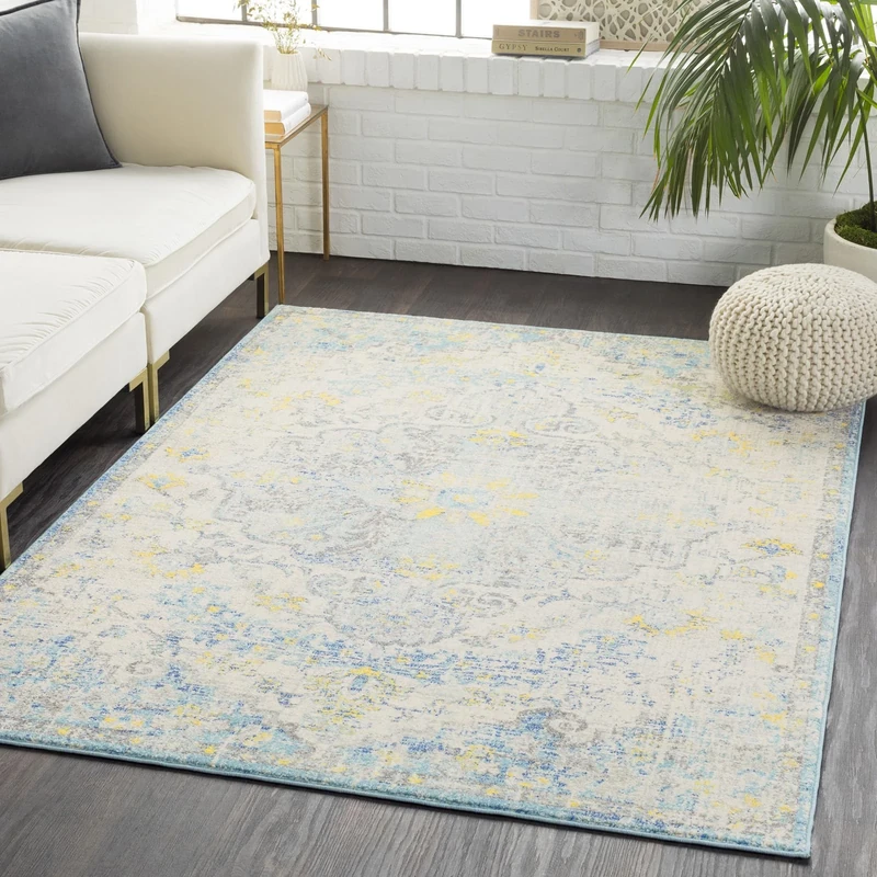 Livabliss Asmara Vintage Rug - Area Rugs for Living Room 200x275 cm, Bedroom - Scandi Neutral Rugs, Traditional Patterned Boho Style, Natural Easy Care Pile - Large Rug, Blue and Mustard