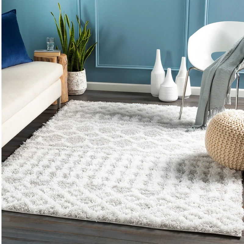 Livabliss Dubai Shaggy Rug - Modern Berber Rugs Living Room, Large 160x220 cm, Soft Shaggy Rugs for Bedroom - Neutral Boho Fluffy Rug, Easy Care Plush Thick Pile - White and Light Grey