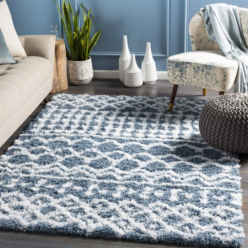 Livabliss Dubai Shaggy - Modern Area s Living Room 160x220 cm, Soft Shaggy s for Bedroom - Abstract Berber Fluffy, Easy Care Plush Thick Pile - Large, Dark Blue and White