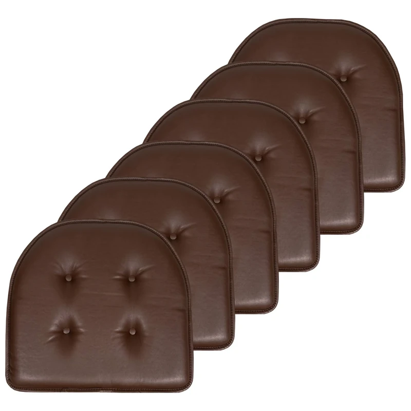 Sweet Home Collection Chair Cushion Memory Foam Pads Tufted Slip Non Skid Rubber Back U-Shaped 17" x 16" Seat Cover, 6 Pack, Faux Leather Chocolate Brown