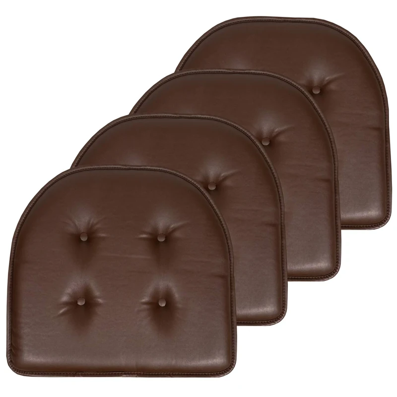 Sweet Home Collection Chair Cushion Memory Foam Pads Tufted Slip Non Skid Rubber Back U-Shaped 17" x 16" Seat Cover, Faux Leather Chocolate Brown 4 Count