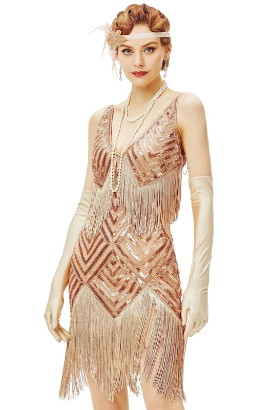 BABEYOND Women's 1920s Flapper Dress V Neck Slip Dress Roaring 20s Great Gatsby Dress for Party - Beige - Small
