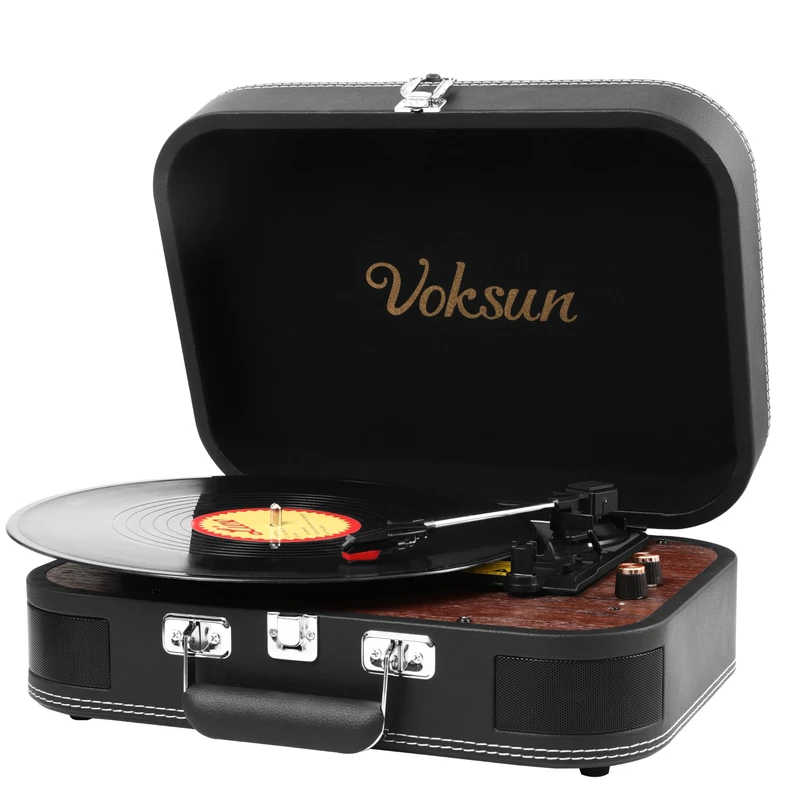 Record Player, Vintage Turntable 3-Speed 33/45/78 RPM Record Player with Bluetooth, Built-in 2 Stereo Speakers, Support Headphone & RCA Output and AUX (3.5mm) Input, Suitcase Design（Leather）