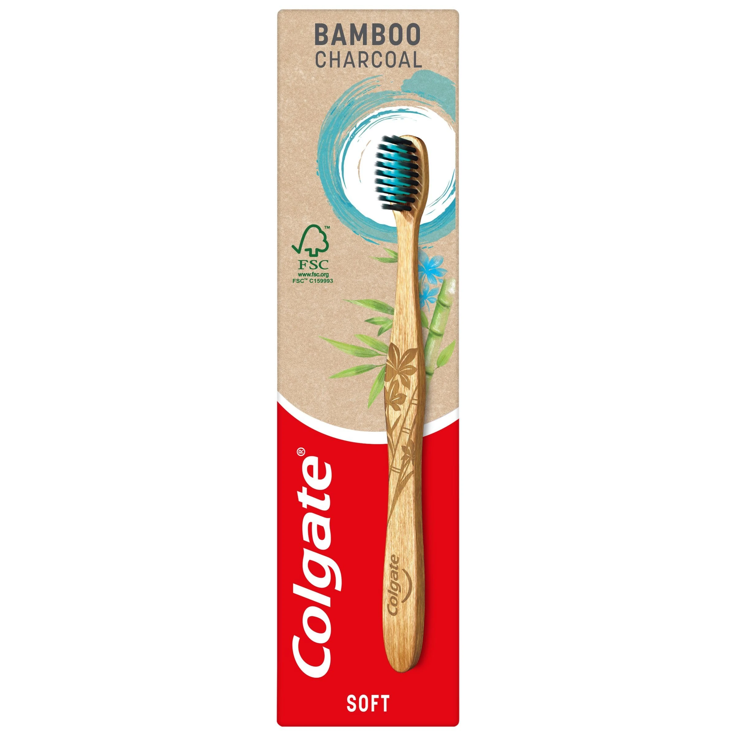 Colgate Bamboo Charcoal Soft Bristles Manual Toothbrush 1 Piece - Manual Toothbrush with Activated Carbon Slim Tip Bristles, 100% Natural Biodegradable Bamboo Handle