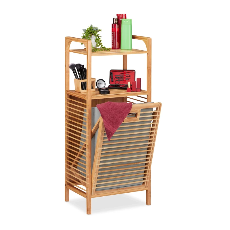 Relaxdays Bathroom Shelf with Laundry Hamper, Removable Folding Fabric Box, Bamboo Frame, HWD 95x40x30 cm, Natural/Grey