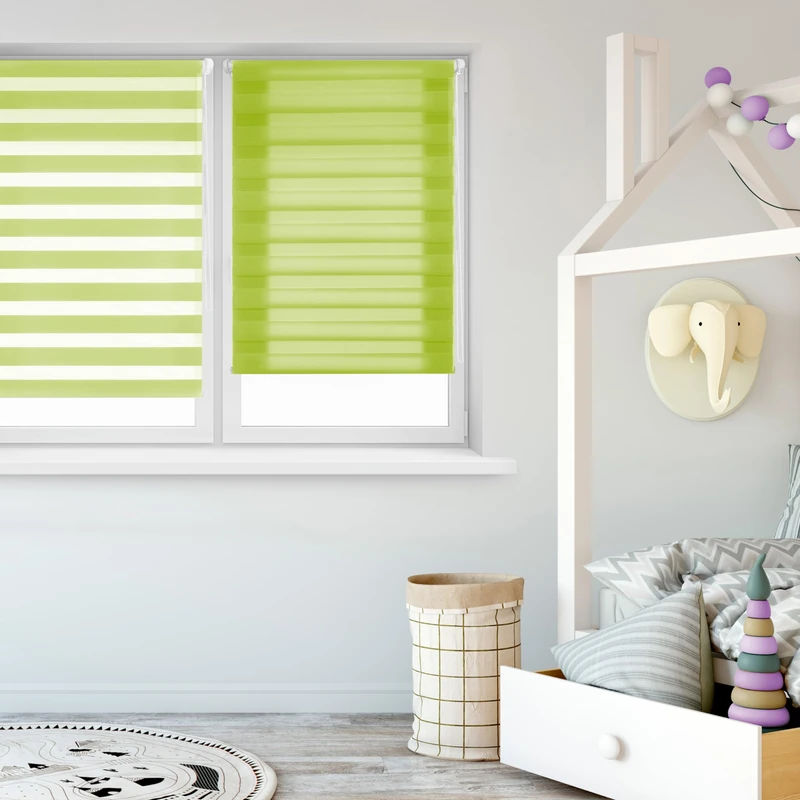 Blindecor - Indus "NO TOOLS REQUIRED". Double layered roller blind, Night and Day. Pistachio. 140x180 cm (width x length)