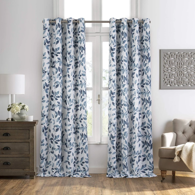 Elrene Cottagecore Botanical Floral Leaf Print Blackout Window Curtain, Linen, Indigo, 52" x 95"(1 Panel) - Image 1