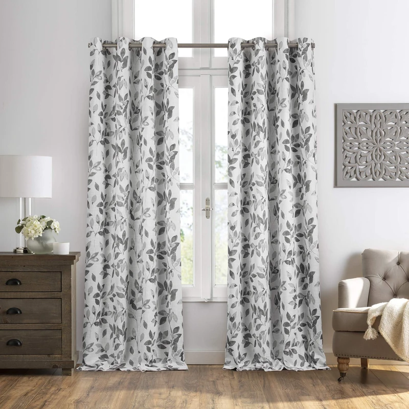 Elrene Botanical Print Blackout Window Curtain Panel, Poly-linen blend, Grey, 52" W x 84" L (Pack of 1)