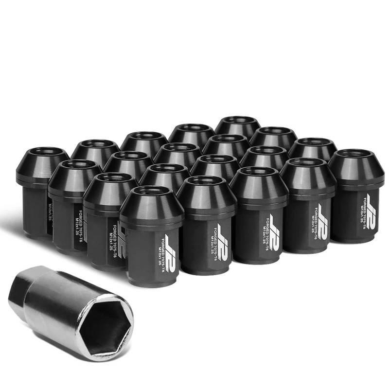 J2 Engineering LN-T7-024-125-BK 20Pcs M12 x 1.25 7075-T6 Aluminum 35mm Close-End Lug Nut w/Socket Adapter (Black)