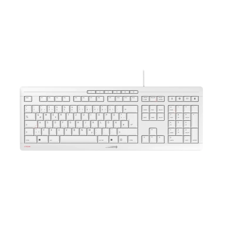 CHERRY STREAM KEYBOARD, Wired Keyboard, German Layout (QWERTZ), Whisper-Quiet Keystrokes, Unique Typing Experience, Flat Design, White-Grey