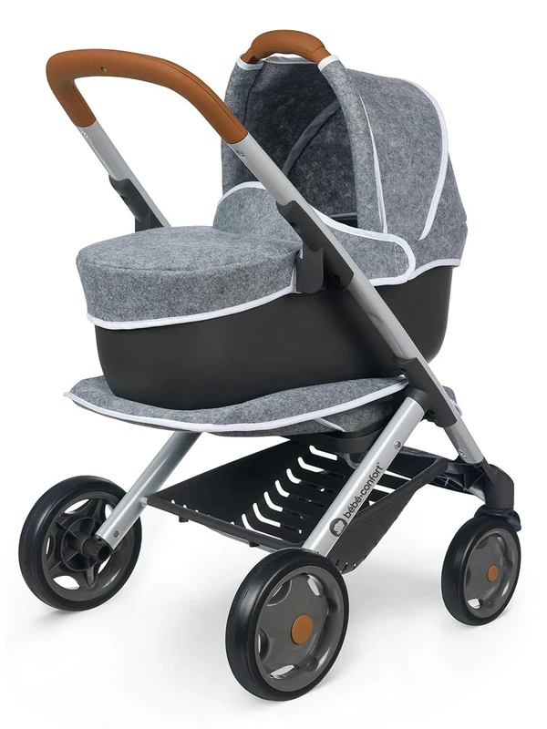 Smoby Bébé Confort 253105, 3-in-1 Pushchair and Pram, for Dolls and Baby Dolls, Silent and Multi-Directional Wheels - Storage Basket, Grey, Large